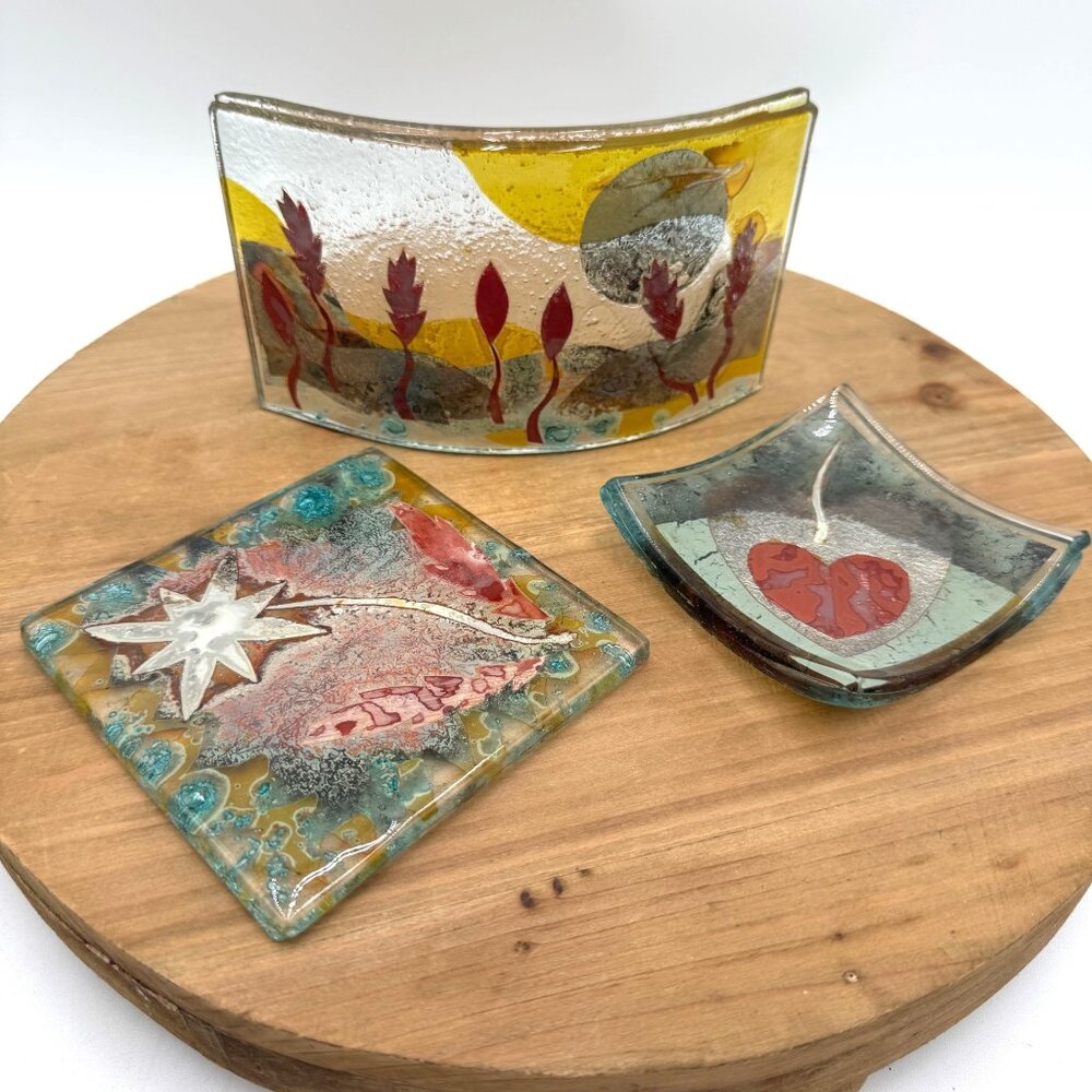 Fused Glass Trinket Dish Studio art glass 3 piece set multi color
